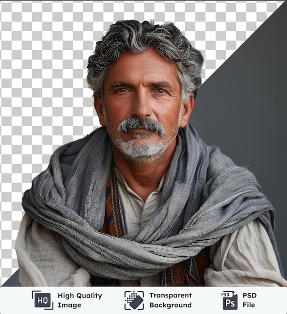 PSD portrait transparent de l'homme méditatif avec la moustache et les cheveux gris avec un nez proéminent moustache grise et yeux bruns avec une petite oreille visible au premier plan