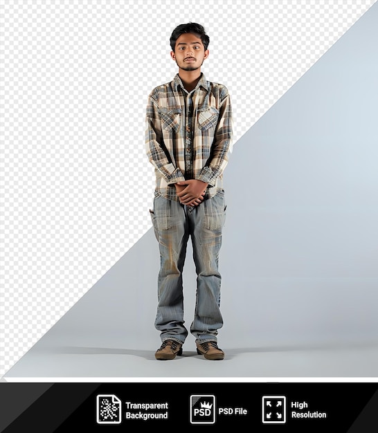 Portrait Transparent En Pleine Longueur D'un Jeune Homme Debout Dans Une Chemise à Carreaux Et Des Jeans Bleus Avec Des Cheveux Noirs Et Une Main Visible Au Premier Plan Contre Un Mur Gris Et Blanc