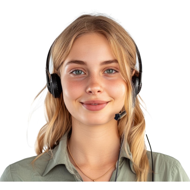 Portrait vertical d'une jeune femme caucasienne sympathique support informatique support client