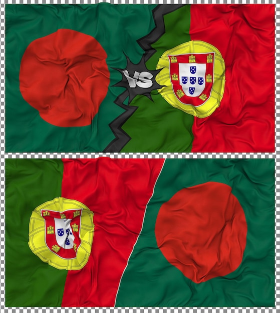 Portugal gegen Bangladesch Halbkombinierte Flagge Stoff-Bump-Textur 3D-Rendering