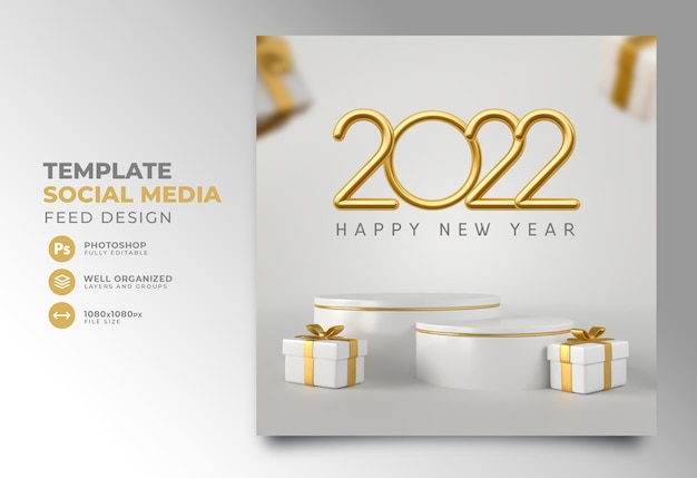 Pós-mídia social ano novo 2022 3D render template design pódio presente realista