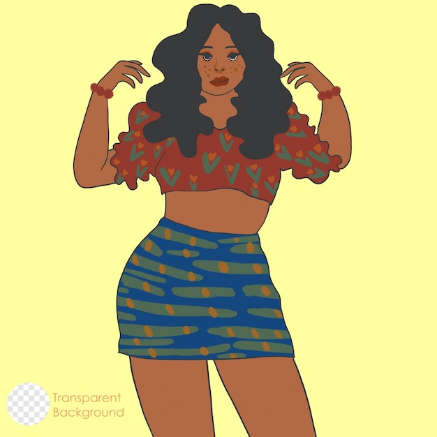 Posa nera spessa della donna, illustrazione piana disegnata a mano