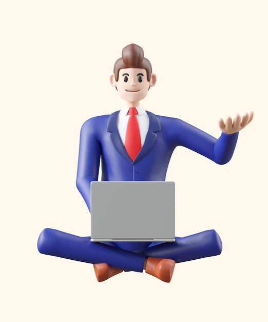 posa seduta di un uomo d'affari che lavora su un laptop Illustrazione 3D di un simpatico cartone animato sorridente isolato su sfondo bianco