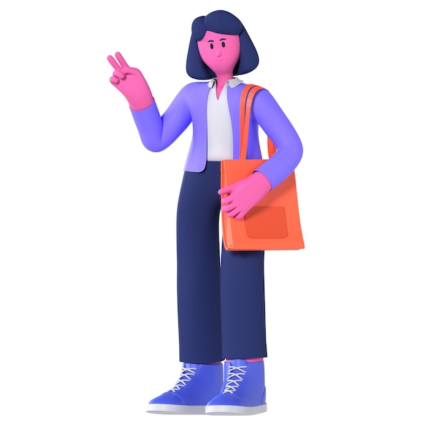 Posé 3D d'une femme avec un sac et un portefeuille