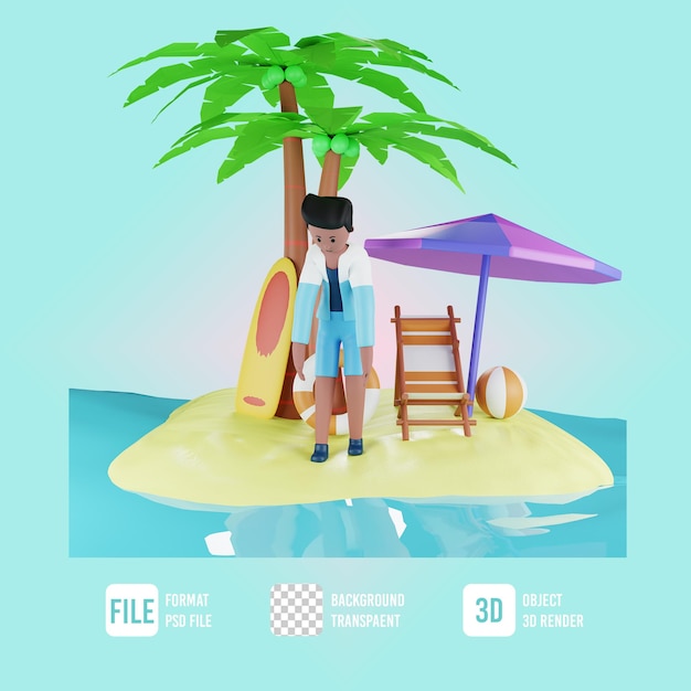 PSD pose agotada de personaje masculino de verano 3d con ilustración de playa