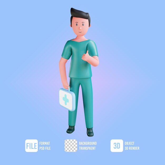 Pose de ilustração de enfermeira masculina de personagem 3d para cima com ícone médico de bolsa