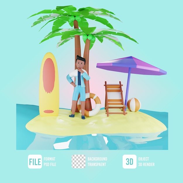 Pose de pensamento de personagem masculino de verão 3d com ilustração de praia