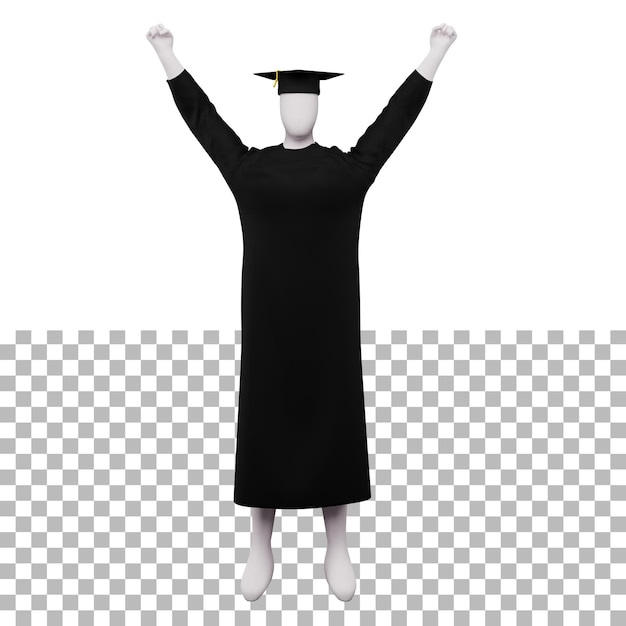 PSD pose de figura de graduación de diploma 3d con toga y birrete y levantando las manos