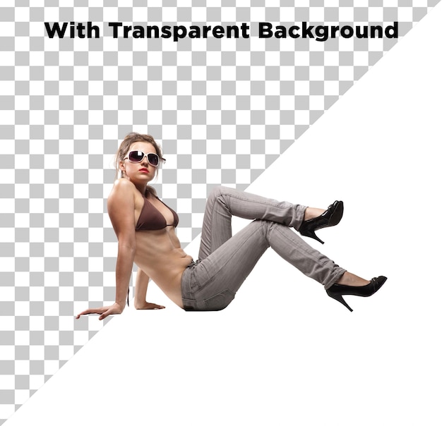 Pose latérale d'une dame assise portant un haut de bikini et un jean PNG PSD isolé sur un fond transparent