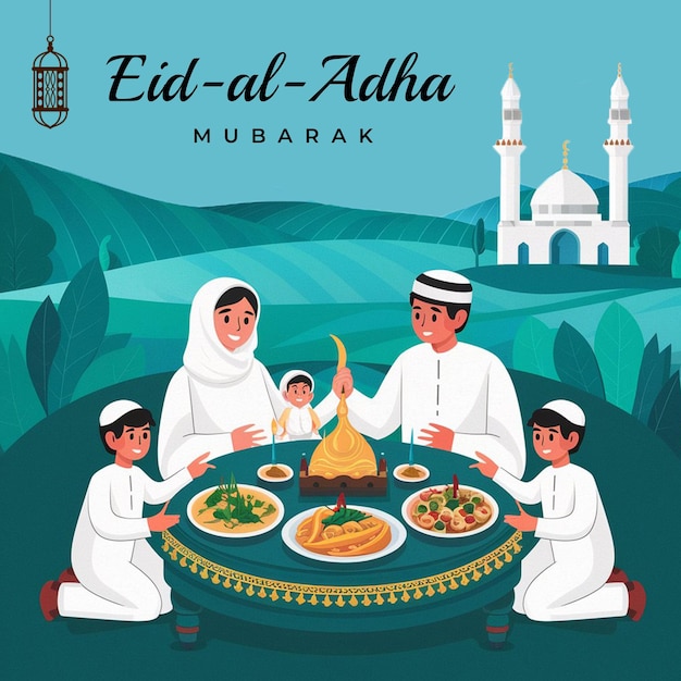 Post de Eid al adha com uma mesquita ao fundo