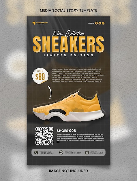 Post de história de modelo de anúncio de sapato de tênis amarelo