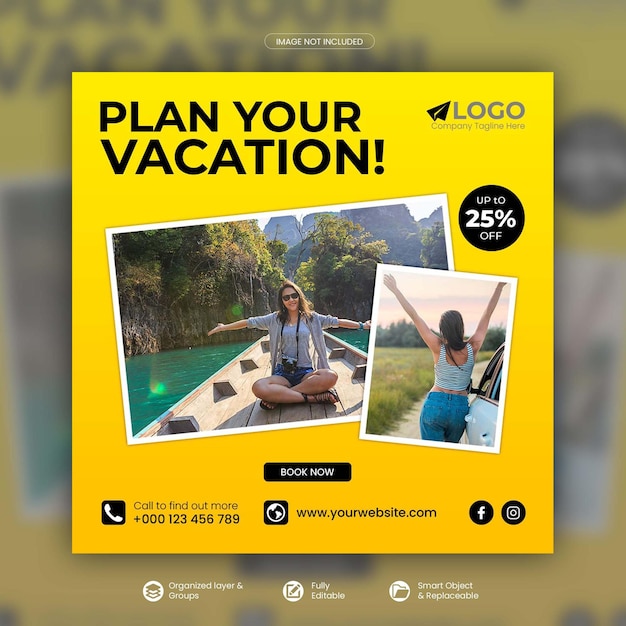 Post de instagram de férias de férias de viagem ou modelo de postagem de mídia social psd premium