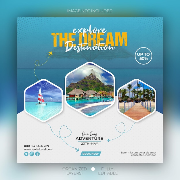 Post de instagram de férias de turismo de viagem ou modelo de banner quadrado de mídia social