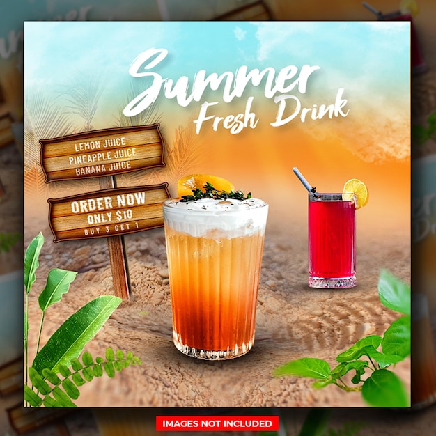 PSD post de instagram de promoção de suco fresco de verão psd ou modelo de mídia social de banner quadrado da web