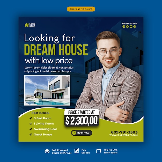Post de Instagram de propriedade de casa imobiliária ou modelo de banner de mídia social