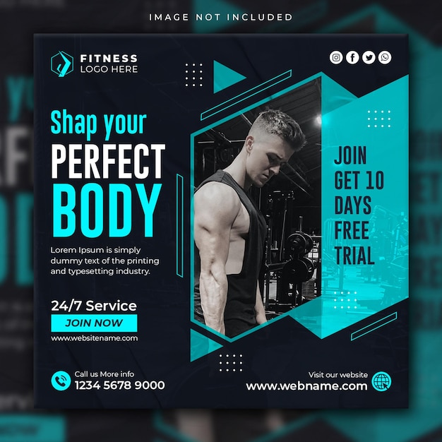 Post de mídia social de academia de ginástica instagram flyer quadrado modelo de banner web