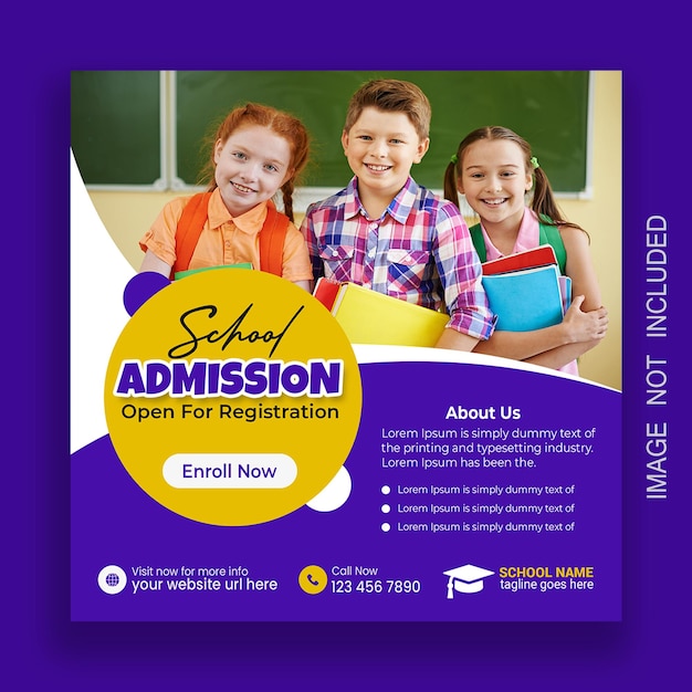 Post de mídia social de admissão escolar e arquivo PSD de modelo de banner da web