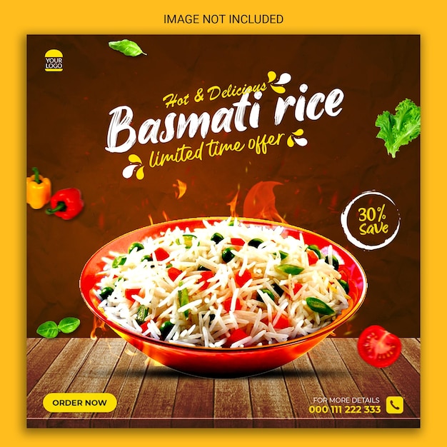 Post de mídia social de arroz quente e delicioso