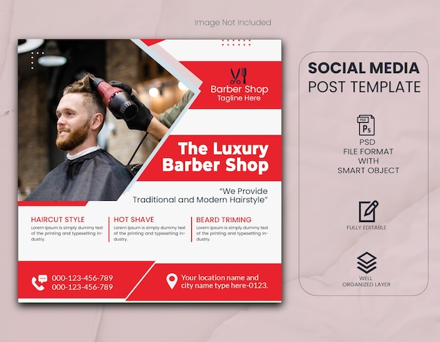 PSD post de mídia social de barbearia de luxo e modelo de banner da web