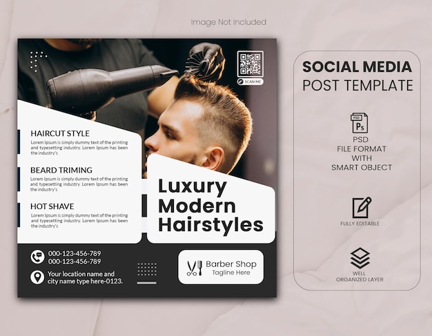 PSD post de mídia social de barbearia de penteados modernos e modelo de banner da web