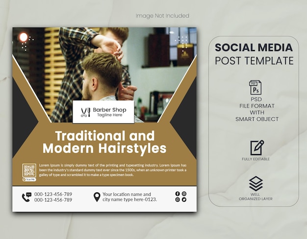 PSD post de mídia social de barbearia de penteados tradicionais e modelo de banner da web