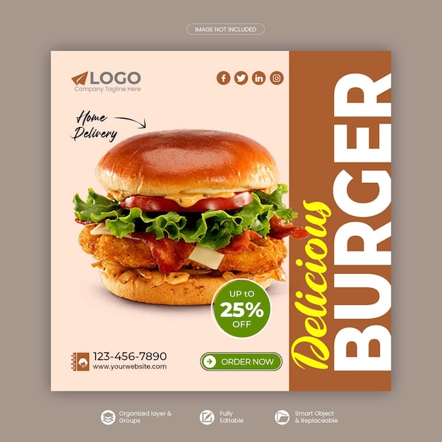 Post de mídia social de comida ou banner quadrado e modelo de banner da web PSD Premium