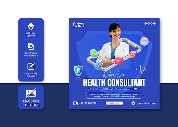 Post de mídia social de consultor de saúde médica ou modelo de postagem do Instagram
