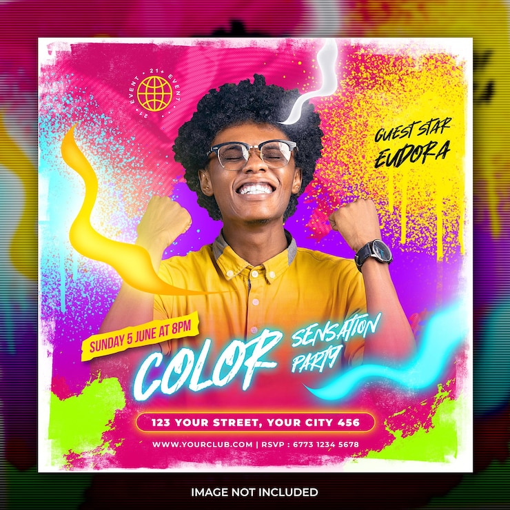 PSD post de mídia social de festa colorida ou modelo de folheto
