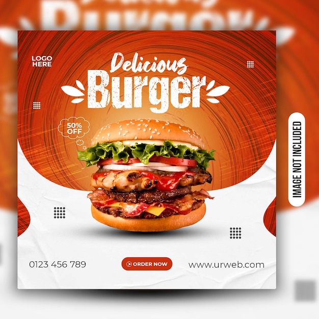 Post de mídia social de hambúrguer delicioso ou modelo de design de anúncios promocionais PSD premium PSD premium