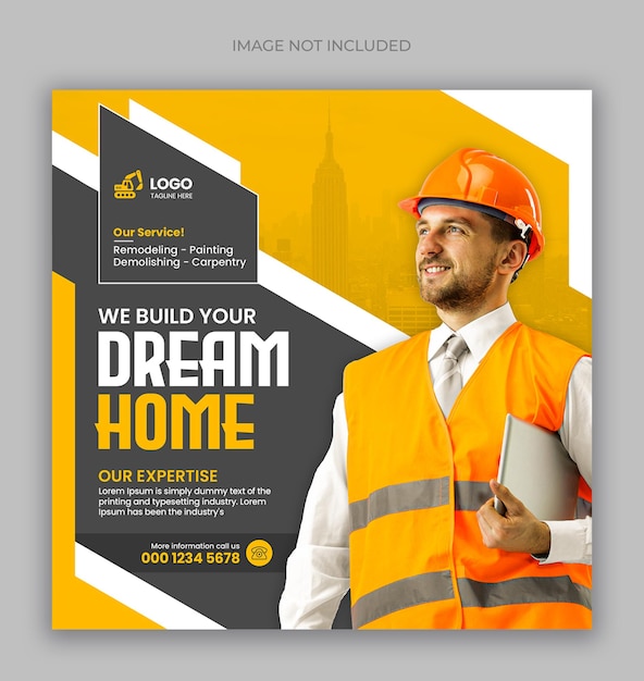 Post de mídia social de serviços de construção e reforma de casas e modelo de design de banner da web