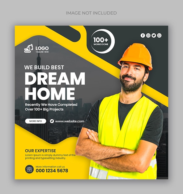 PSD post de mídia social de serviços de construção e reforma de casas e modelo de design de banner da web