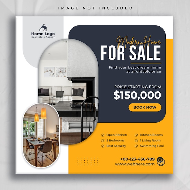 Post de mídia social de venda de propriedade de casa imobiliária e modelo de banner da web quadrado do instagram