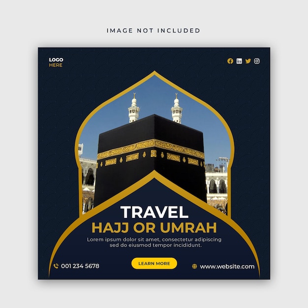 PSD post de mídia social de viagem hajj e umrah e modelo de banner da web