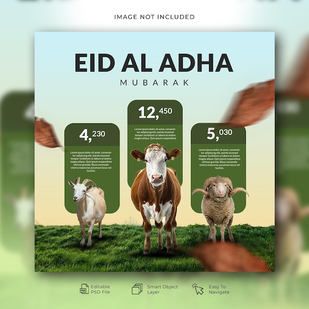 Post de mídia social eid adha com animais em pé na primeira fila