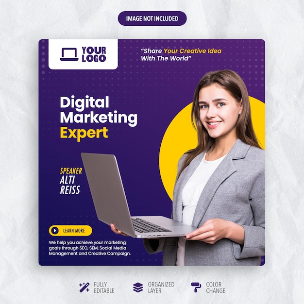 Post de mídia social PSD para evento de especialista em marketing digital