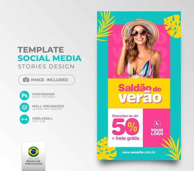 PSD post de venda de verão em mídia social no brasil modelo de renderização 3d para campanha de marketing em português