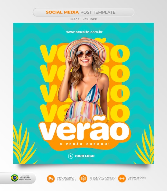Post de verão bem-vindo às mídias sociais em português brasileiro em modelo de renderização 3D para marketing