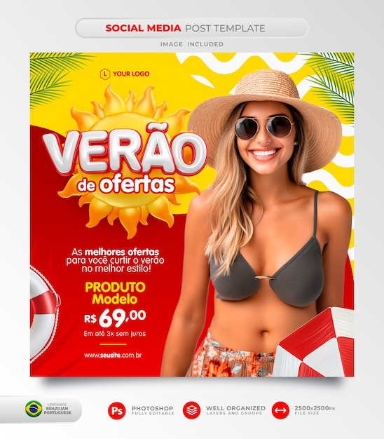 Post de verão de ofertas nas mídias sociais em português brasileiro em modelo de renderização 3D para marketing
