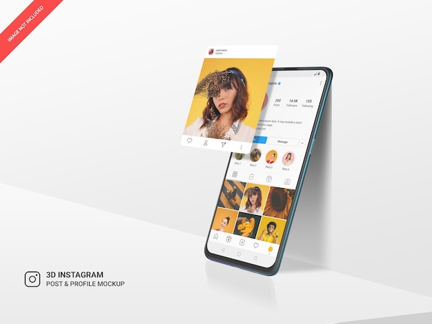 Post di Instagram al passaggio del mouse 3D e profilo sul mockup mobile verticale