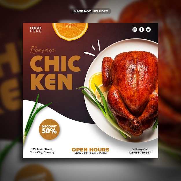 Post di instagram di promozione del menu di pollo arrosto o modello di social media banner web quadrato