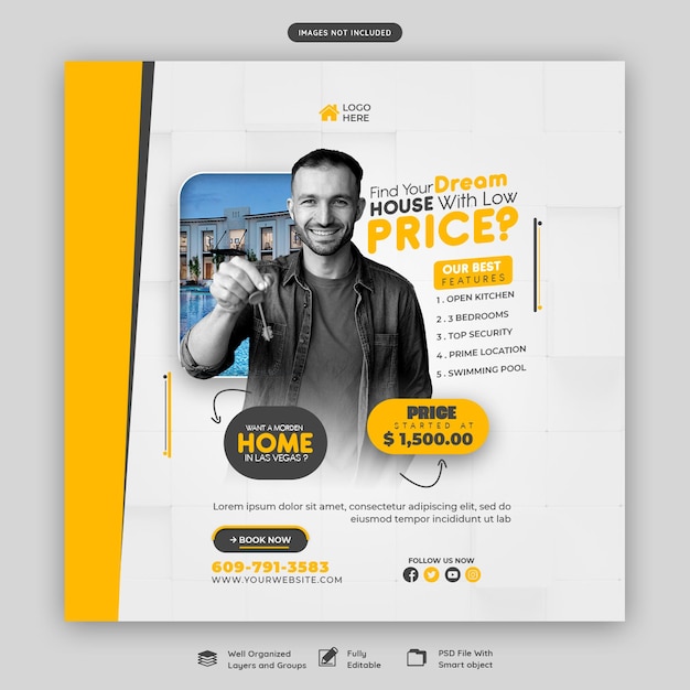 Post di Instagram di proprietà della casa immobiliare o modello di banner per social media