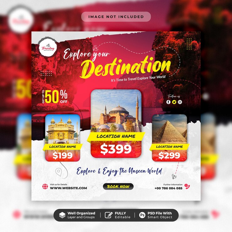 Post di instagram di viaggi e turismo o modello di banner web quadrato di social media creativo
