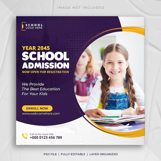 Post di instagram per social media di ammissione alla scuola e modello di banner web per flyer quadrato