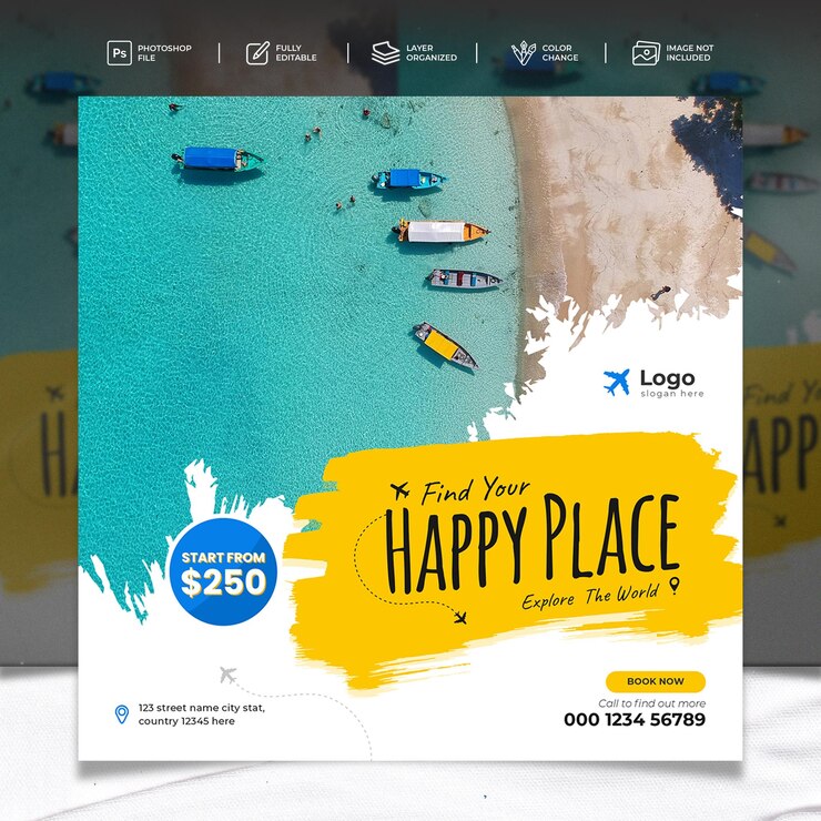 Post di instagram per vacanze di viaggio e turismo o post sui social media