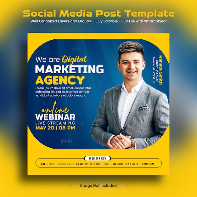 Post di social media di marketing digitale e modello di banner web di post di instagram di webinar dal vivo