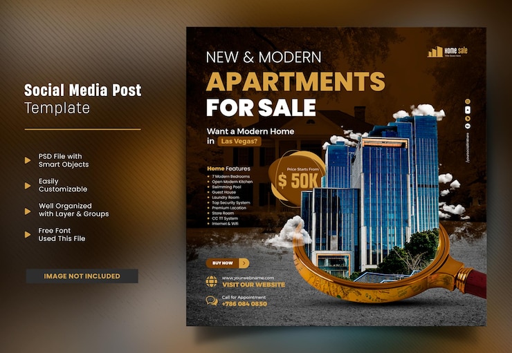 Post di social media di vendita di case immobiliari o modello di banner quadrato