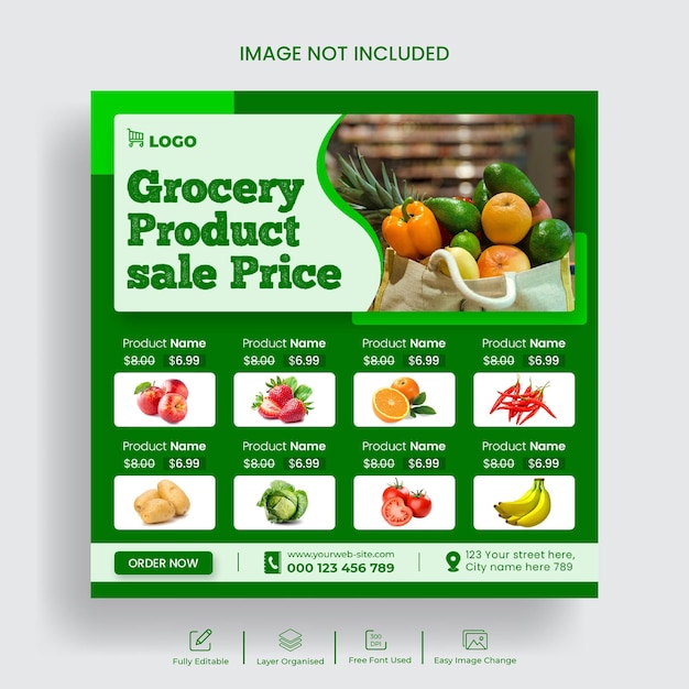 Post di vendita di generi alimentari sui social media e post di instagram del supermercato o modello di banner alimentare