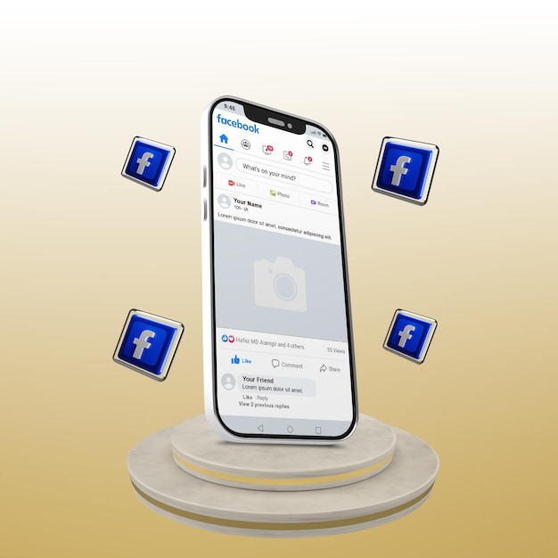 Post do facebook no mockup do celular com ícones 3d
