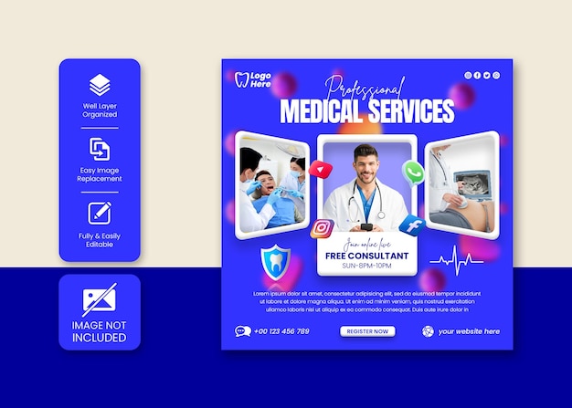 Post do Instagram do serviço de saúde médica ou modelo de banner de mídia social com estilo de smartphone 3d