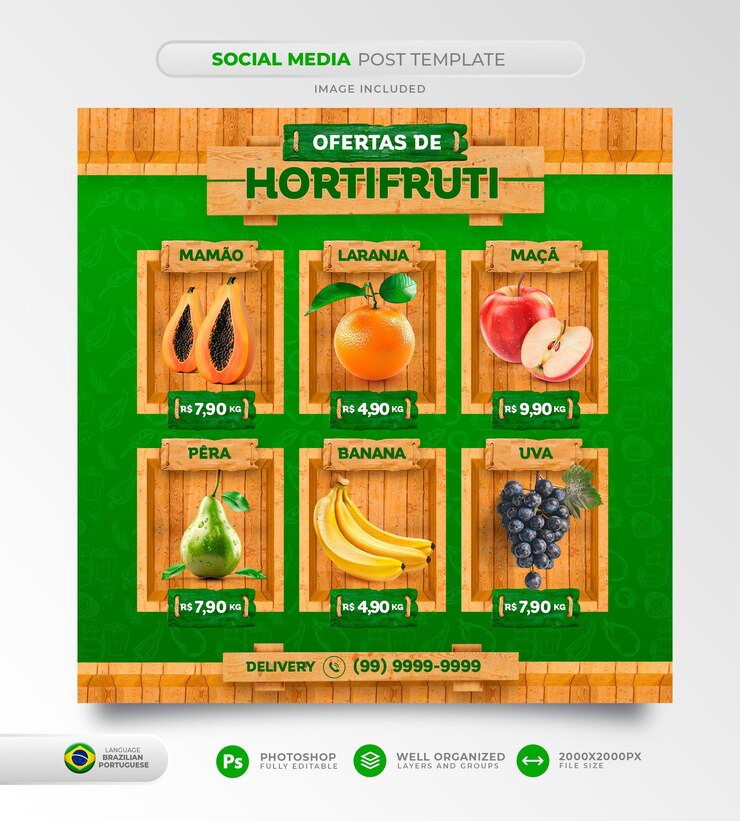 PSD post feed para la red social de frutas y verduras ofrece hortifruti en portugués brasileño